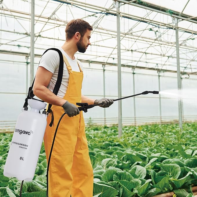 2.1 Gallon/8L Pump Sprayer, Pressurized Water Spray Bottle with 2 Nozzles, Adjustable Shoulder Strap & Safety Valve, Lawn and Garden Sprayer for Watering, Fertilizing, Cleaning