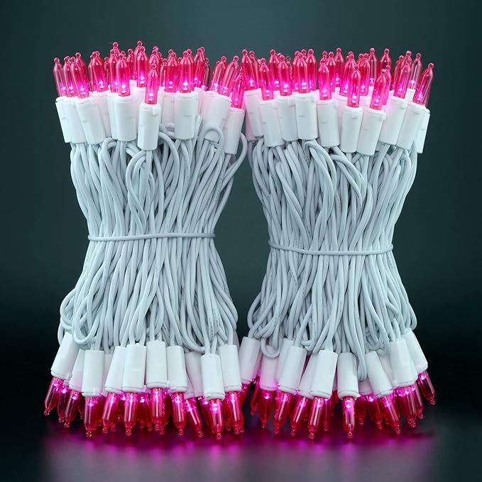 YULETIME 200 Pink LED Christmas Lights, 66 Feet White Wire UL Certified Commercial Grade Holiday String Light Set