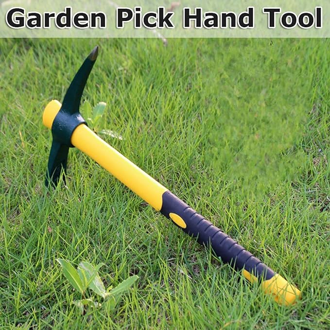 JEUIHAU 15 Inches Pick Mattock Hoe, Forged Adze Hoe with Plastic Coated Fiberglass Handle, 1.5 Lb Weeding Mattock Hoe for Gardening, Loosening Soil, Camping, Planting