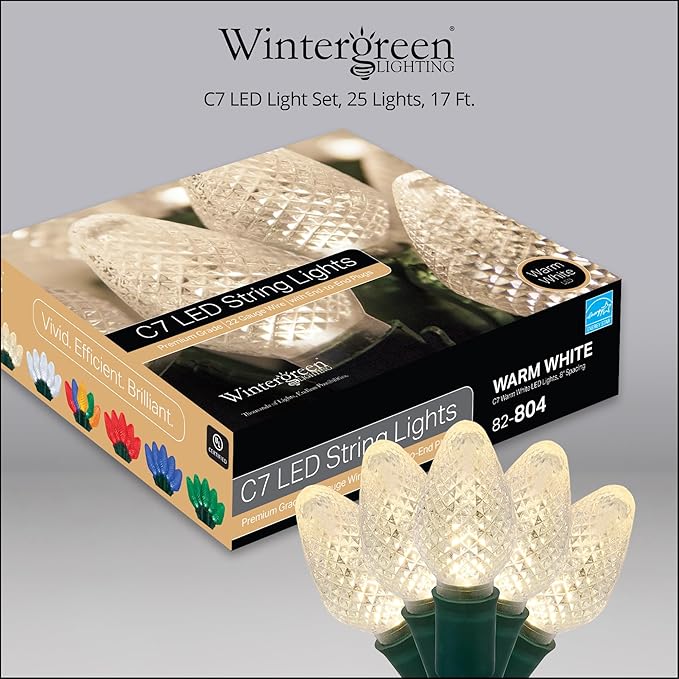 Wintergreen Lighting 25 C7 Warm White LED Christmas Lights – 17 ft Indoor Outdoor String Lights for Trees, Rooflines, and Events
