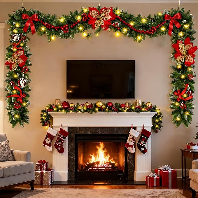 Christmas Garland with Lights, 9FT 30 LED Prelit Christmas Garland for Mantle,Outdoor Indoor Christmas Decorations Garland Battery Operated with Timer, Bows,Flowers,for Stairs,Railing,Fireplace,Door