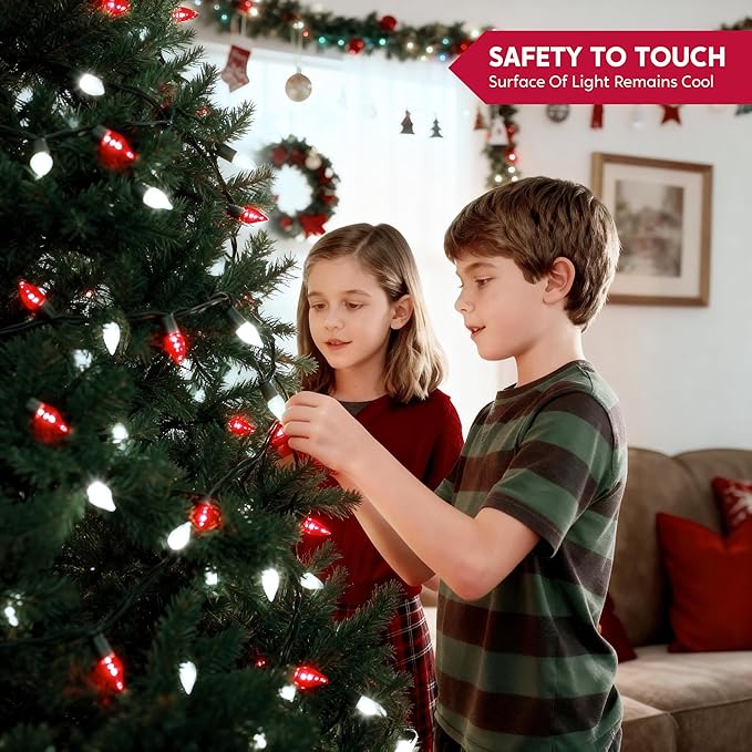 Joiedomi C6 Red & White Christmas Lights, 100 LED Steady On Strawberry Lights, 33.66 FT Connectable Christmas String Lights for Indoor Outdoor Party Home Yard Xmas Tree House Decorations, Green Wire