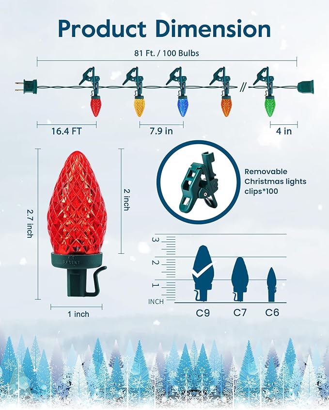 C9 LED Christmas Lights Outdoor with 100 Spring Clips, 81FT 100 LED C9 String Lights Waterproof Connectable for Outside Roofline Patio House Yard Windows Outdoor Christmas Decorations, Multicolor