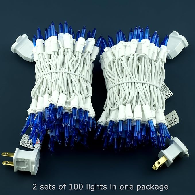 YULETIME 200 Blue Christmas Lights, Pack of 2 Strands of 21 ft 100 Count UL Certified Mini String Light (Blue - White Wire)
