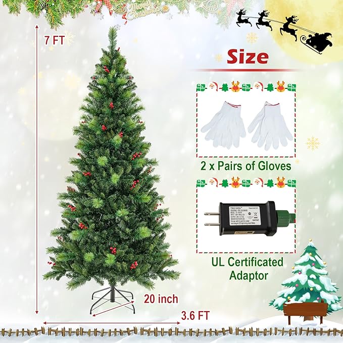 HOMGX 7ft Pre-Lit Christmas Tree with 400 Multi-Color LED Lights, Hinged Xmas Pine Tree w/ 974 PVC Branch Tips, 36 Red Berries, Remote & Timer, 9 Lighting Modes Artificial Christmas Tree