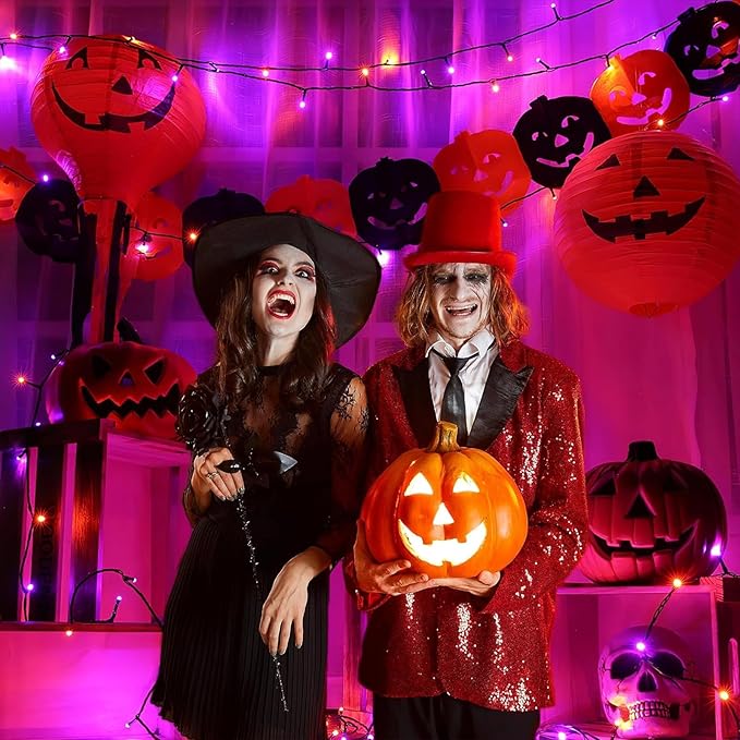 Purple Orange Halloween Lights Outdoor, 66FT 200 LED String Lights for Outside with 8 Modes Waterproof, Plug in Twinkle Tree Light Green Wire for Indoor Bedroom Garden Patio Party Decorations