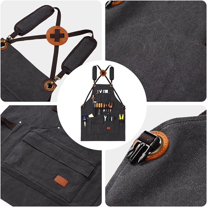 Aprons for Men, Heavy Duty Canvas Tool Apron, With multi Tool Pockets, Adjustable S to XXXL Cross Back Apron, Workshop & Woodworking Apron, Utility Work Aprons for Men