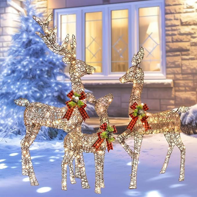 Christmas Decorations Outdoors Reindeer Family - Light up Christmas Decor Brown Deer 3 Piece with LED Lights, Extension Cord, Ground Stakes, for Outdoor Front Yard Porch - Brown