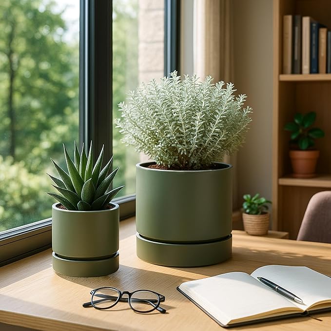 Phoenix Vine 4 Inch Planter Pot with Drainage Hole & Saucer, Deep Water Catch Tray, Straight Cylindrical Round Pot for Plants, Olive, Pack of 2, 23-F-R-2