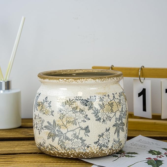 Vintage Ceramic Ice Crack Flower Pot with Drainage Holes, Country Rustic Planters for Indoor and Outdoor,Tuscan Decor,Home,Living Room, Garden Decor, Gardening Gift (Farmhouse)