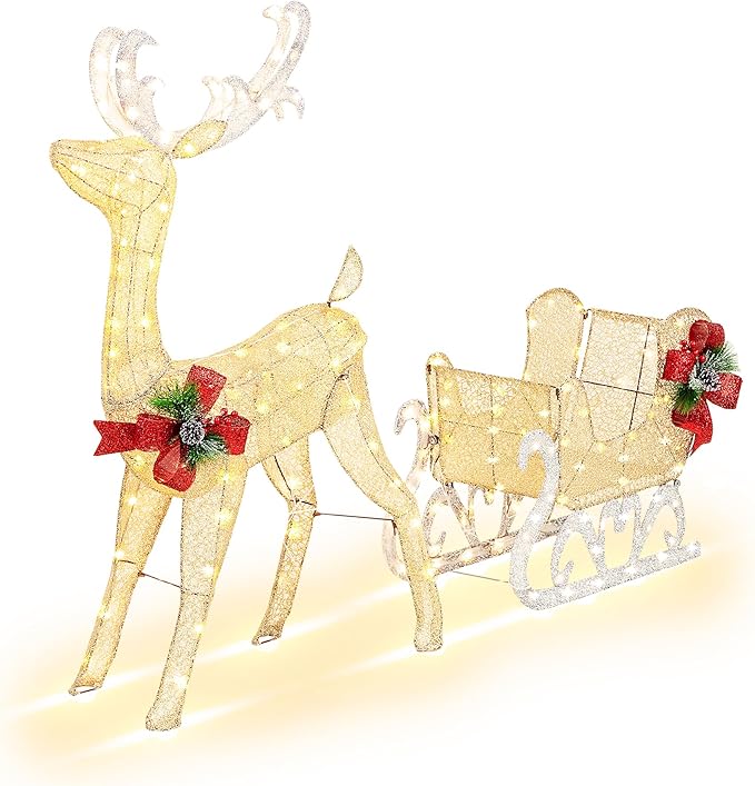 Vongrasig 4FT Lighted Christmas Reindeer & Sleigh Outdoor Yard Decoration Set W/ 205 LED Lights & 8 Ground Stakes, Zip Ties, Artificial Xmas Lighted Holiday Decor for Indoor and Outdoor(Gold)