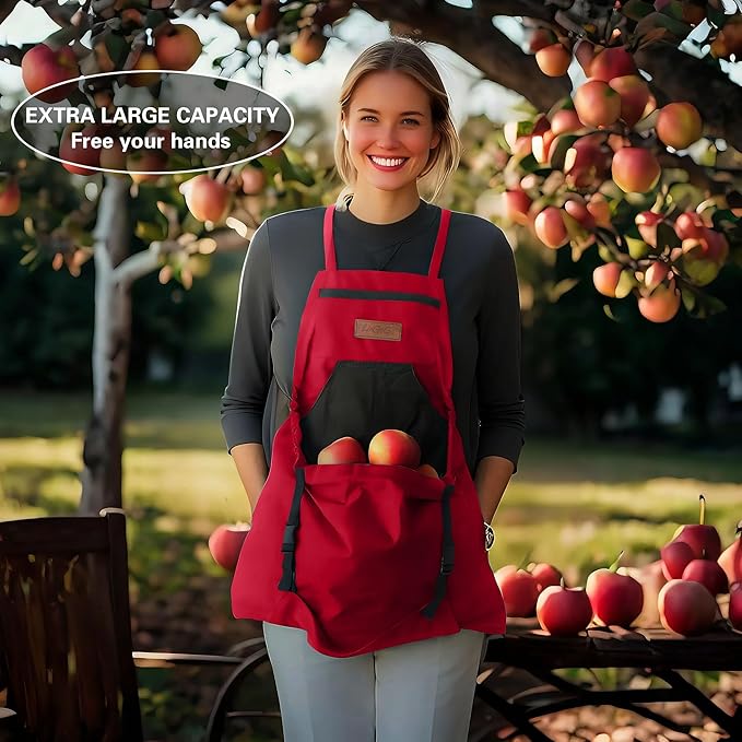 Gardening Apron with Harvesting Pouch for Women/Men, Adjustable Cross Back,Zippered Phone Pocket - Great Gift