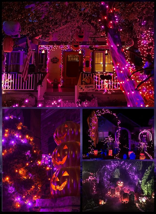 Orange Purple Outdoor Holloween Lights, 39Feet 100 LED Christmas Lights with 8 Lighting Modes, Waterproof Mini String Lights Plug in for Garden Patio Party Wedding Christmas Xmas Tree Lighting Decor