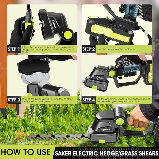 Saker Cordless Hedge Trimmer-20V Electric Shrub Trimmer Grass Shears Handheld Grass Cutter, Hedge Shear with 1 PCS Rechargeable Battery and Charger for Garden, Lawn