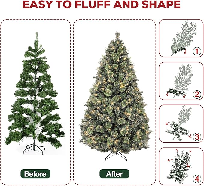 Hykolity 6 ft Pre-lit Christmas Tree with 350 Warm White LED Lights, Artificial Christmas Pine Tree with 1016 PVC Branch Tips, Easy Assembly with Metal Stand and Hinged Branches