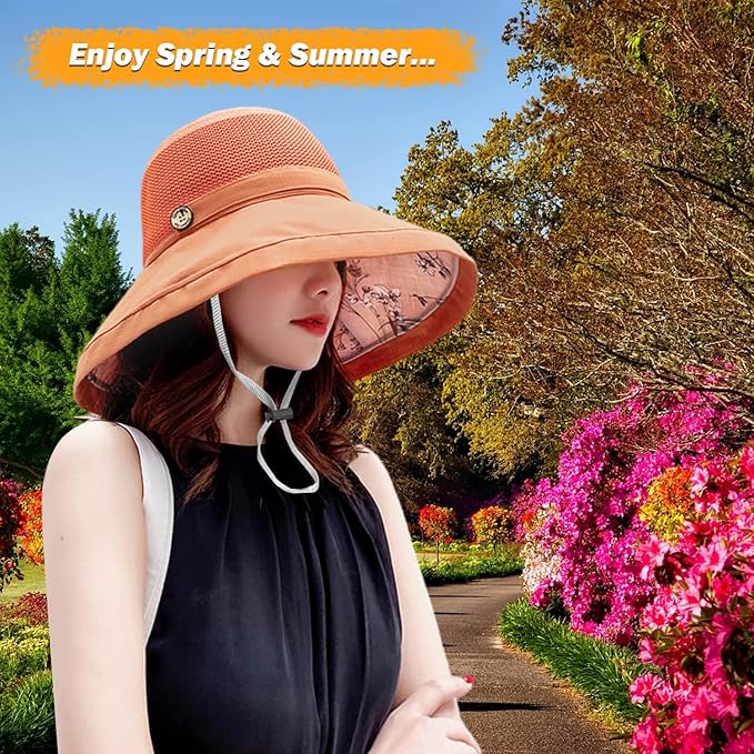 Women Wide Brim Sun Hats Metal Wired Edge Summer UV Protection Beach Fishing Hat for Hiking Garden Travel Chin Strap