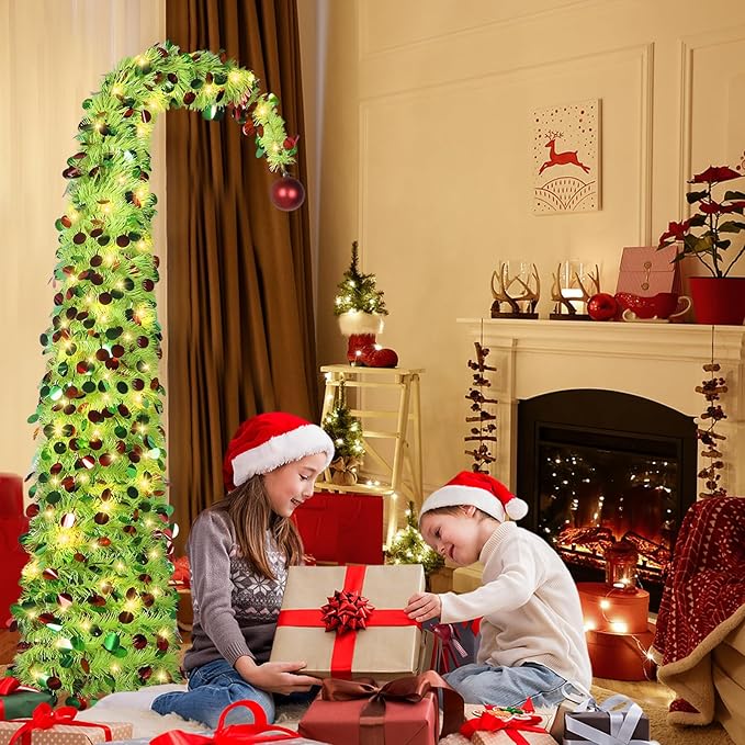 HMASYO 5 FT Whimsical Pop Up Christmas Tree with Timer Lights, Lime Green Christmas Tinsel Tree Collapsible Artificial Pencil Tree for Indoor Home Apartment Porch Holiday Party Decorations