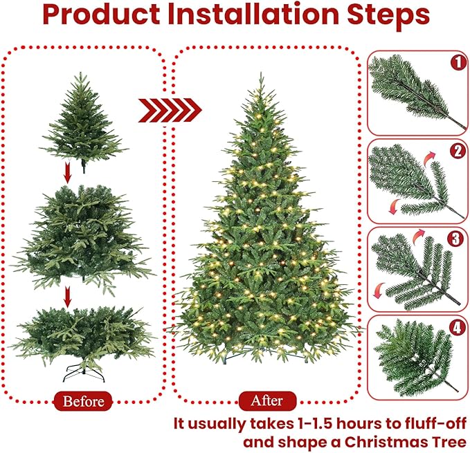 6.5ft Prelit Artificial Christmas Tree with 2368 PE PVC Tips, Premium Pre-Lit Holiday Xmas Tree with 300 UL Incandescent Lights, Metal Hinges & Foldable Base for Home Office Party, Green