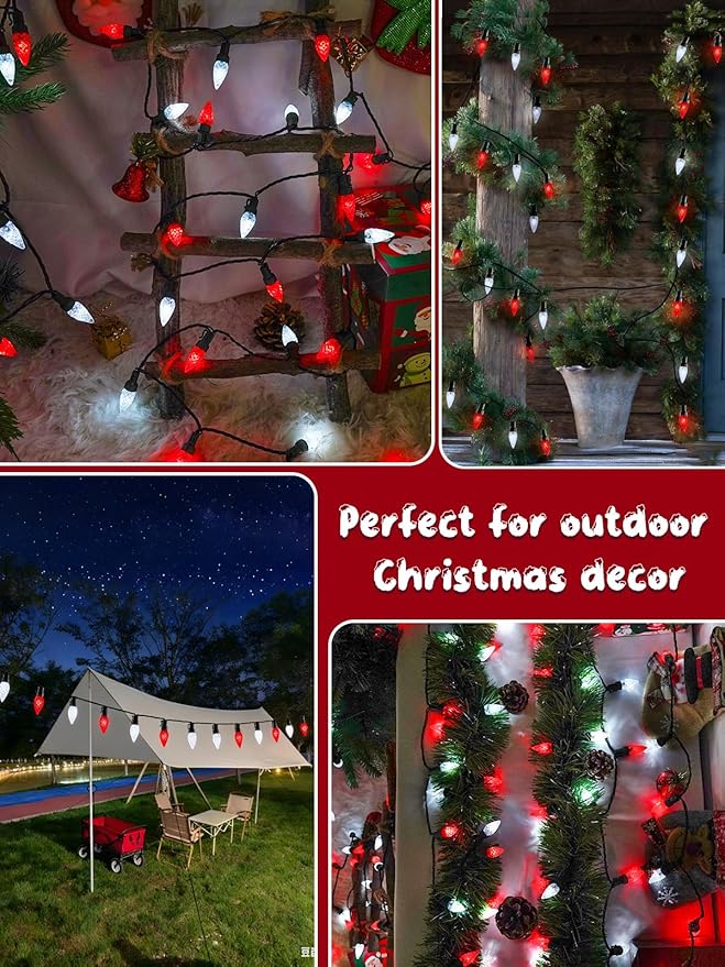 C6 Solar Christmas Lights Outdoor, 50 LED 16FT Christmas Decorations Outdoor Waterproof, Solar String Lights for Outside with 8 Modes, Fairy Twinkle Light for Tree Garden Xmas Decor (Red and White)