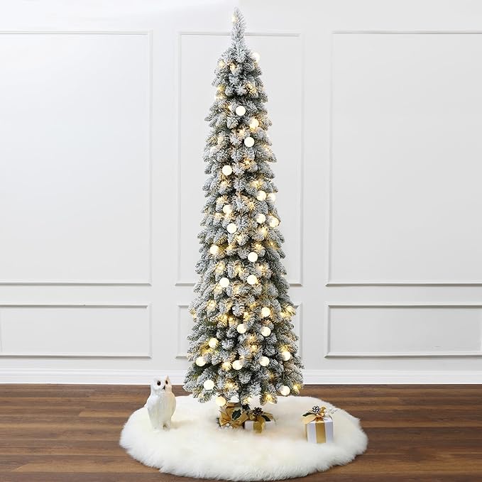LuxenHome 6FT Flocked Christmas Tree, Slim Pencil Christmas Tree Pre-lit with 150 Warm White LED Globe Lights, Lighted Artificial Christmas Trees with Stand for Indoor, Outdoor Holiday Decorations