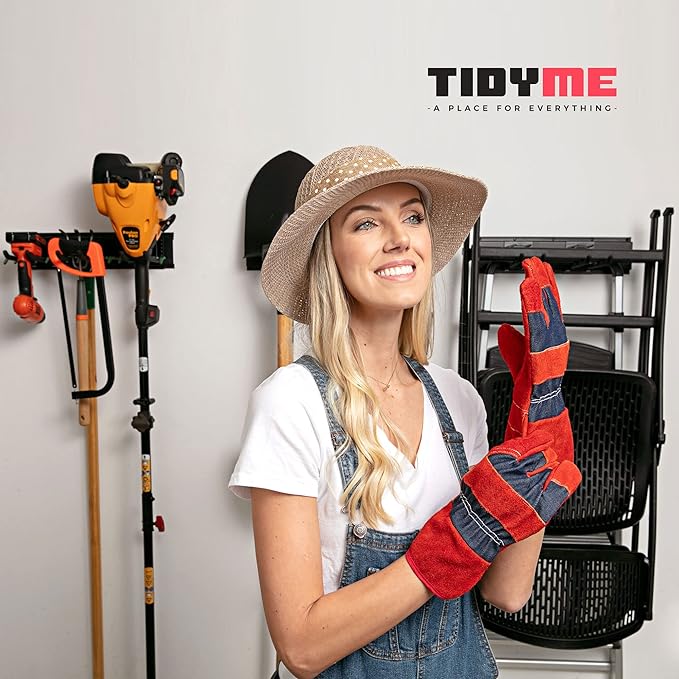 TIDYME Garage Tool Organizer Wall Mount - 32 inches - Sturdy Storage Rack with Adjustable Hooks, Anti-Rust - Easy Installation, 200lbs Capacity - Garden Tool Organizer (02 Racks & 04 Hooks)