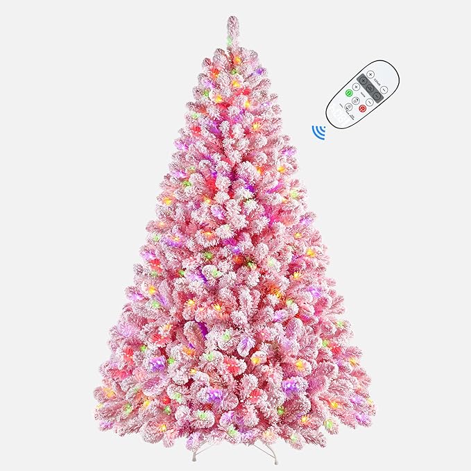 SHareconn 6ft Pre-Lit Flocked Spruce Artificial Hinged Christmas Tree with Remote, Timer and 330 Warm White & Multi-Color Lights, 950 Branch Tips, Perfect Choice for Xmas Decoration, 6 FT, Pink