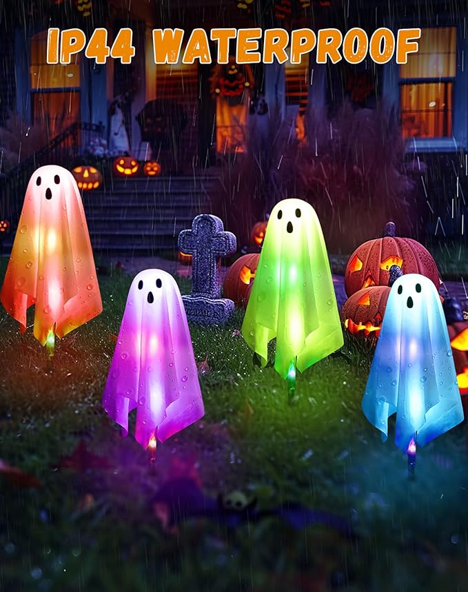 4Packs Halloween Decorations Outdoor Ghost Pathway Lights,Light Up Ghost Decor with APP Control&Remote, Color Changing, DIY Lights, Dimming, Music Synic, Halloween Pathway Light for Porch Yard Garden