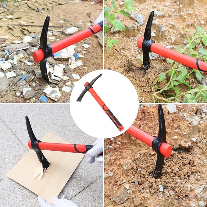 15 Inch Pick Mattock Hoe, Forged Weeding Garden Pick Axe with Fiberglass Handle, Pick Mattock Hoe for Loosening Soil, Gardening, Camping, by GENHAKON.
