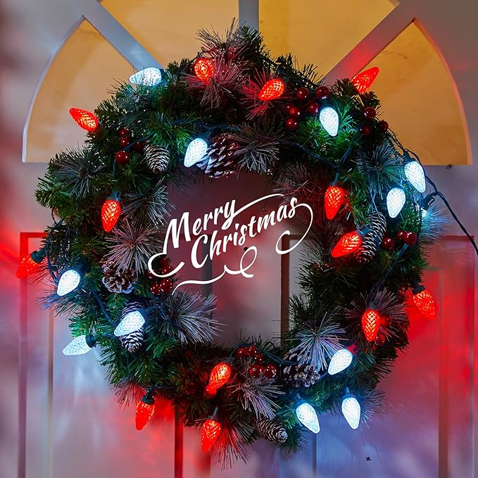 C9 LED Christmas Lights Outdoor, 81 Feet 100 LED String Lights with Timer & 8 Light Mode, Waterproof Commercial Grade Christmas Tree Lights for Outside Indoor Roofline Patio Decor, Red & Pure White