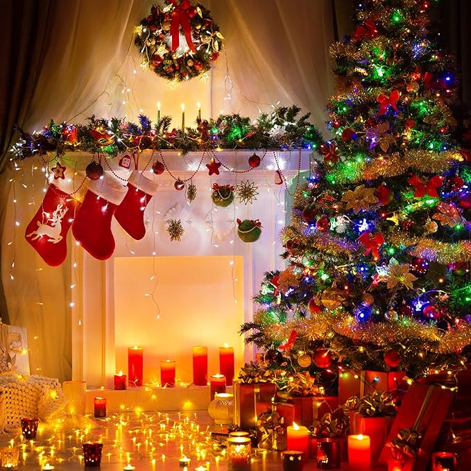 200 LED Christmas String Lights Outdoor 75 Ft. 9 Modes with Remote Timer Dimmer Extendable Mini Fairy Lights Plug in for Indoor Xmas Trees Wedding Decor, Warm White + Multicolored