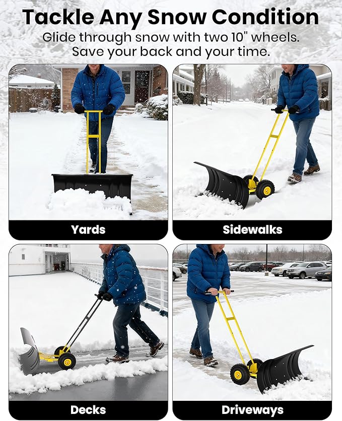 36" Snow Pusher Shovel with Wheels, Adjustable Ergonomic T-Handle Snow Plow for Driveway, Heavy Duty Wheeled Rolling Shovels for Driveway and Sidewalks with Angeled Blade
