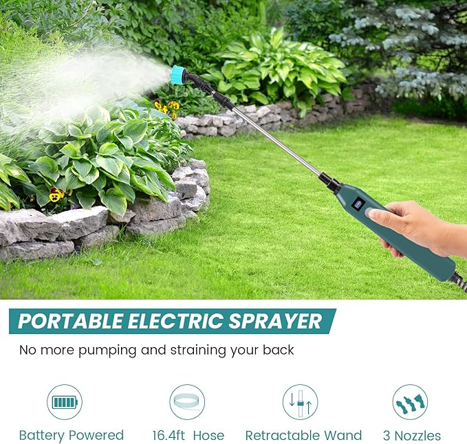 TOOVEM Electric Garden Sprayer with Battery Indicator,23.6inch Battery Powered Sprayer Wand with 16.4FT Hose,Rechargeable and Portable Spray Wand for Yard, Lawn and Garden(3 Nozzles)