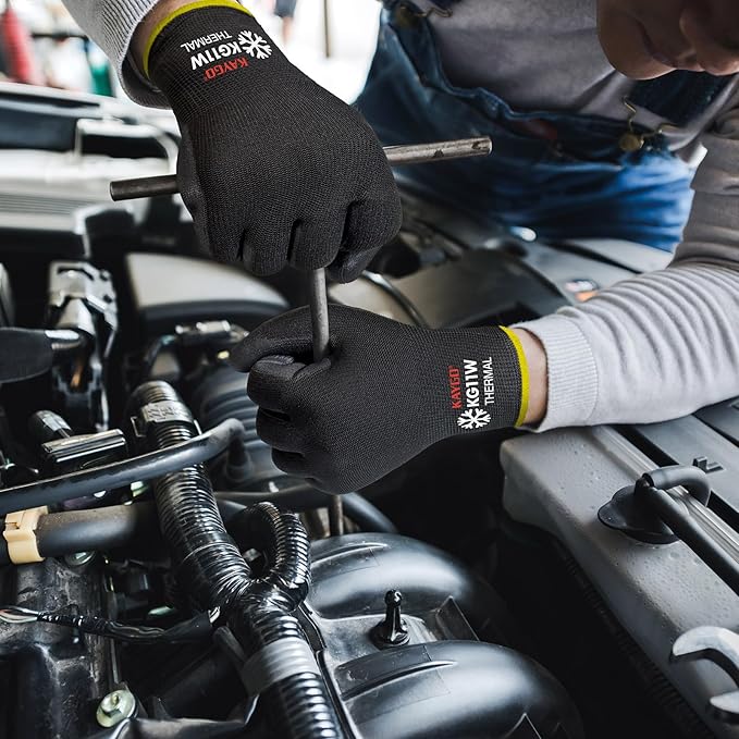 KAYGO Winter Work Gloves for Men and Women, 12 Pairs Thermal Insulated Safety Work Gloves PU Coated, Smooth Grip on Palm & Fingers,Ideal for Freezer Work,Black,L