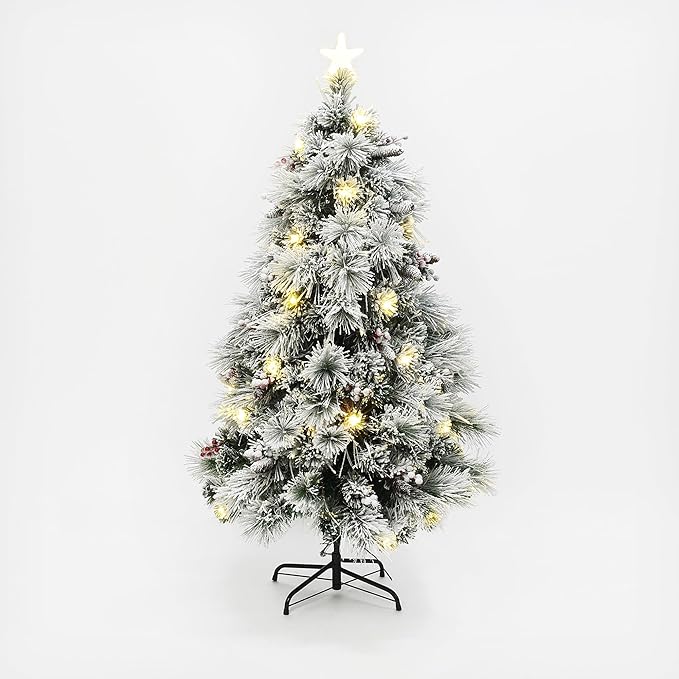 LuxenHome 5FT Flocked Christmas Tree, Christmas Tree with Lights, Pine Cones and Red Berries, White Artificial Trees with 75 LED Lights, 193 PVC and Bristle Tips for Living Room, Entryway Decor