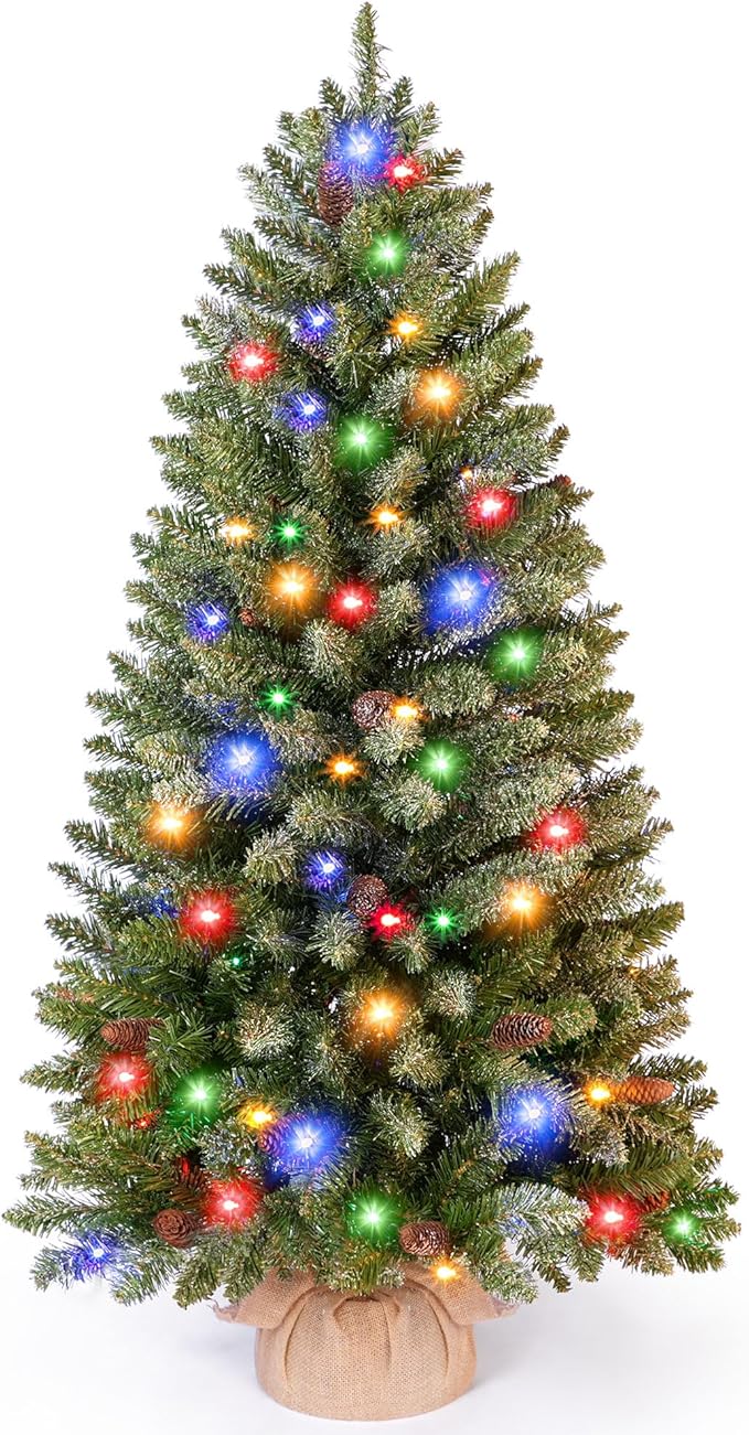 3FT Mini Christmas Tree,Tabletop Christmas Tree with Cloth Bag Base and Colorful LED Light, Christmas Decorative Artificial Tree