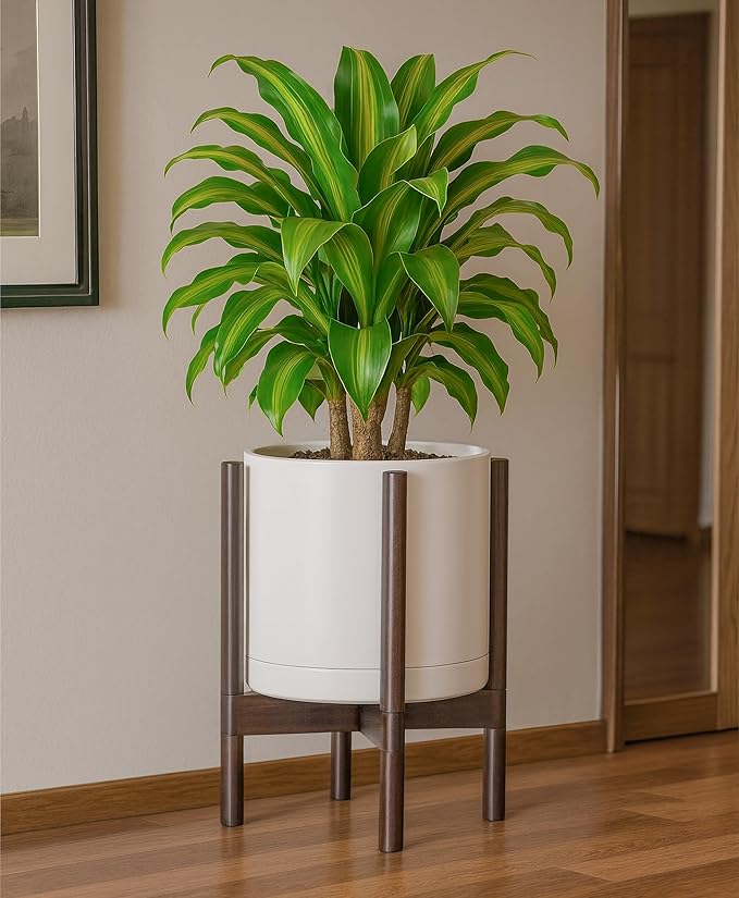 D'vine Dev Ceramic Planter with Walnut Color Stand - 12 Inch Modern Round Flower Pot with Wood Planter Holder, Oatmeal, 55-B-W-8