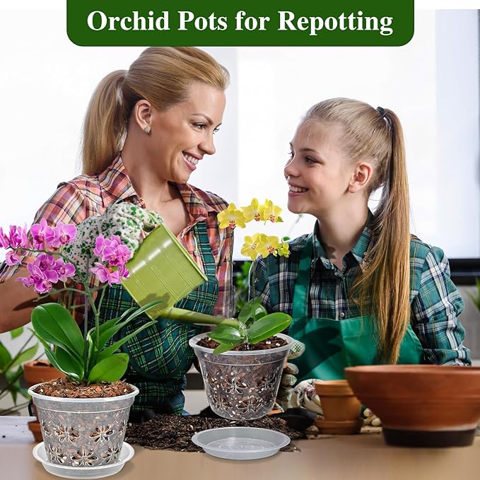 Orchid Pot, 8 Pack Orchid Pots with Holes & Saucers, Clear Plastic Pot for Repotting, Breathable Ventilation Planters for Phalaenopsis, Dendrobium & Oncidium Orchids(4 inch, Blue)