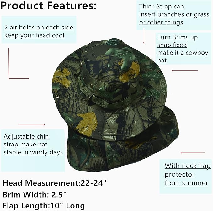 Glory Max Bucket Boonie Hat with Neck Flap Cover Sun Safari Wide Brim Fishing Garden Hiking Cap