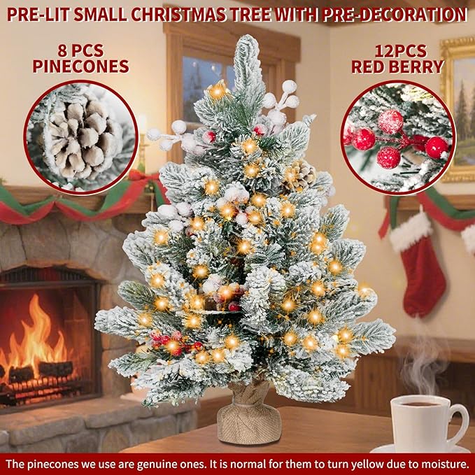 ININ 2FT Pre-lit Mini Christmas Snow Flocked Tree,Tabletop Artificial Christmas Tree with LED Lights, Small Xmas Pine Tree with Cloth Bag Base for Christmas Decor.
