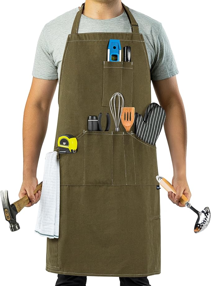 opux Chef Apron for Men, Kitchen Apron with Pockets for Women, Large Unisex Canvas Apron for Cooking Grilling BBQ Baking.