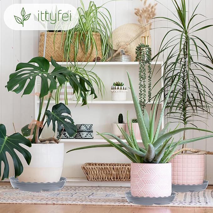 6 Pack 10 Inch Plant Trays for Pots, Raised Ridge Plant Saucers,6 8 12 14 Inch Durable Plastic Plant Pot Saucer,Gray Round Plant Water Catcher Tray for Indoors and Outdoors(Gray, 10‘’6pack)