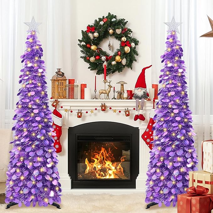 HMASYO 5 FT Pop Up Christmas Tree with Timer Lights, Purple Christmas Tinsel Tree, Collapsible Artificial Pencil Christmas Tree for Indoor Home Apartment Porch Holiday Party Decorations