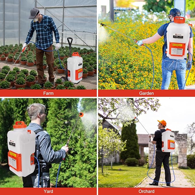 Toovem Battery Powered Backpack Sprayer 4 Gallon, Adjustable 0-94 PSI, 4FT Hose, 6 Nozzles, Weed Yard Sprayer with Wand, Electric Backpack Garden Sprayer with Wheeled Cart for Weeding, Long Spray Time