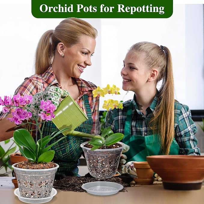 Orchid Pot, 8 Pack 4 Inch Clear Orchid Pots with Holes & Saucers - Aeration Flower Planters for Phalaenopsis, Dendrobium & Airflow Root Orchids - Ideal for Repotting, Drainage & Healthy Growth