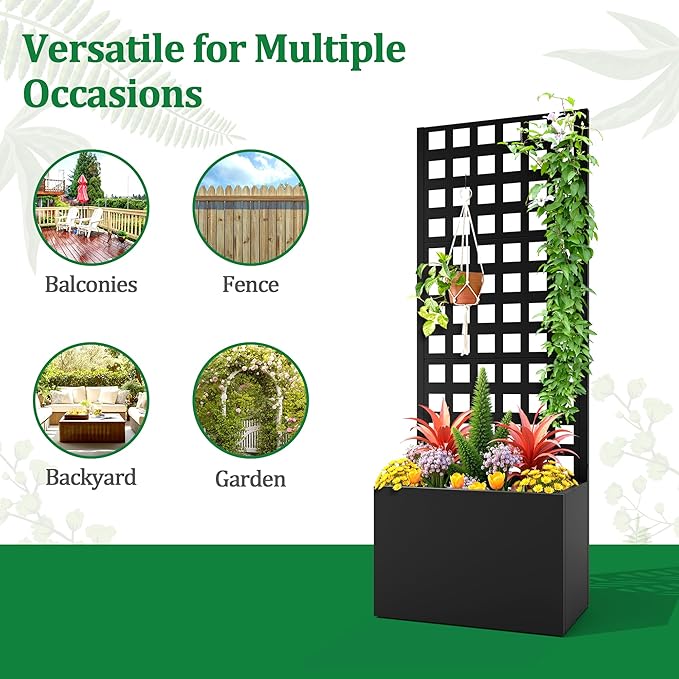Metal Raised Garden Bed with Trellis, 2 in 1 Trellis with Planter Box & Privacy Screen for Climbing Plants, Vine, Outdoor Standing Flower Beds with Drainage Holes, 23.6"L x 11.8"W x 63"H, Black