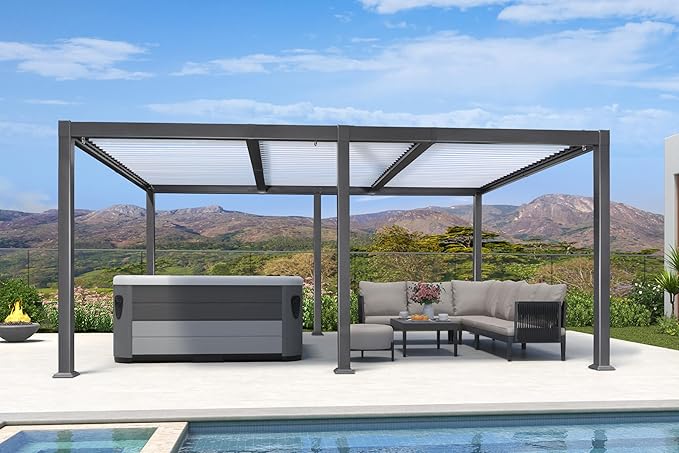 PURPLE LEAF Louvered Pergola 11' x 18' Outdoor Aluminum Pergola with White Adjustable Rainproof Roof Grey Frame Hardtop Gazebo for Patio Deck Garden