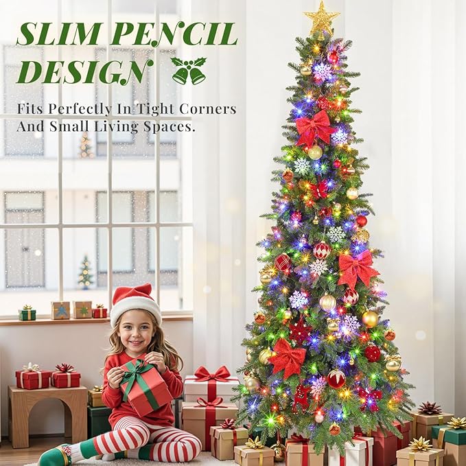 Pre-lit Christmas Christmas Tree, 7.5ft Green Slim Tree with Music Function, Skinny Xmas Holiday Decoration, 470 LEDs, 8 Lighting Modes, Rotating Stand