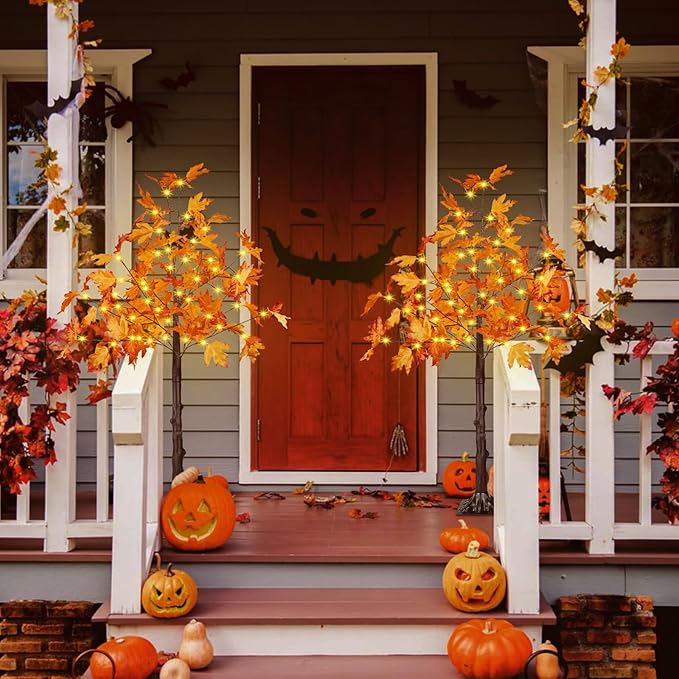 2 Pack 4FT Artificial Lighted Maple Tree, Fall Decorations for Home with Timer, 100 LED Prelit Fall Decor Maple Tree with Warm White Light for Indoor Outdoor Harvest Halloween Thanksgiving Day, Orange