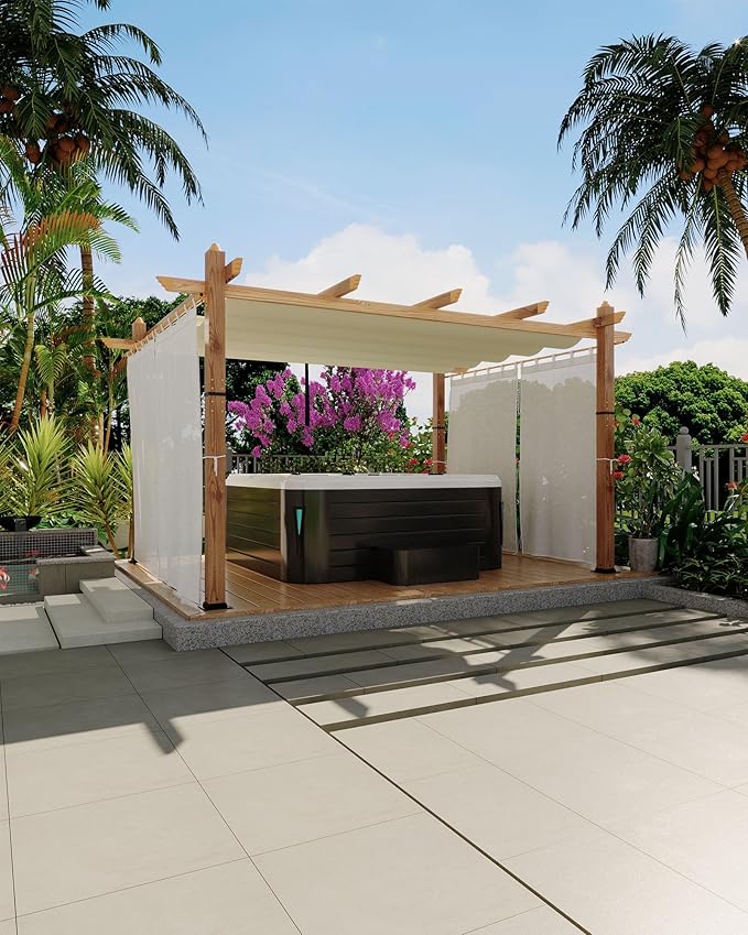 Garvee 10x13 Ft Outdoor Pergola with Retractable Canopy Aluminum Gazebo Imitation Wood-Grain Post with Side Mesh Screen Modern Pavilion for Backyard Deck(Beige+White)