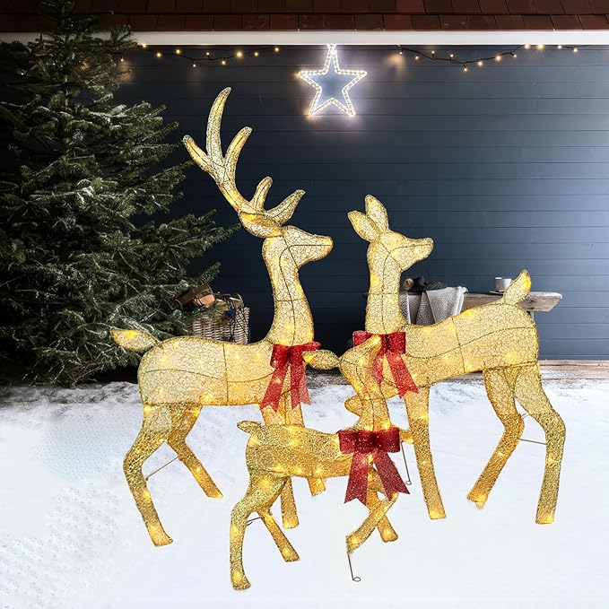 45" Light Up Outdoor 2D Christmas Reindeer Decor, Featuring Durable Metal Frame, Ground Stakes, Waterproof Snow-Resistant Design, Perfect for Vintage Christmas Home, Tree, and Garden Decoration, Gold